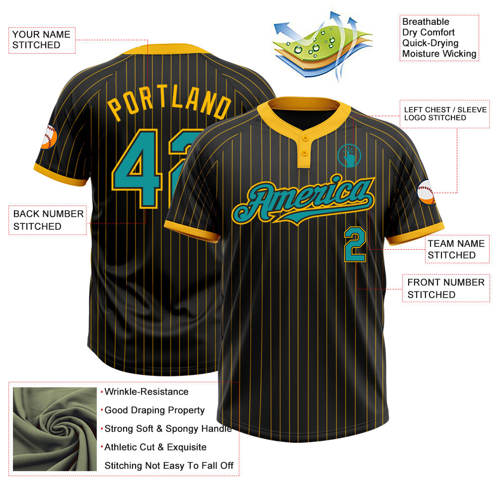 Custom Black Gold Pinstripe Teal Two-Button Unisex Softball Jersey view 3