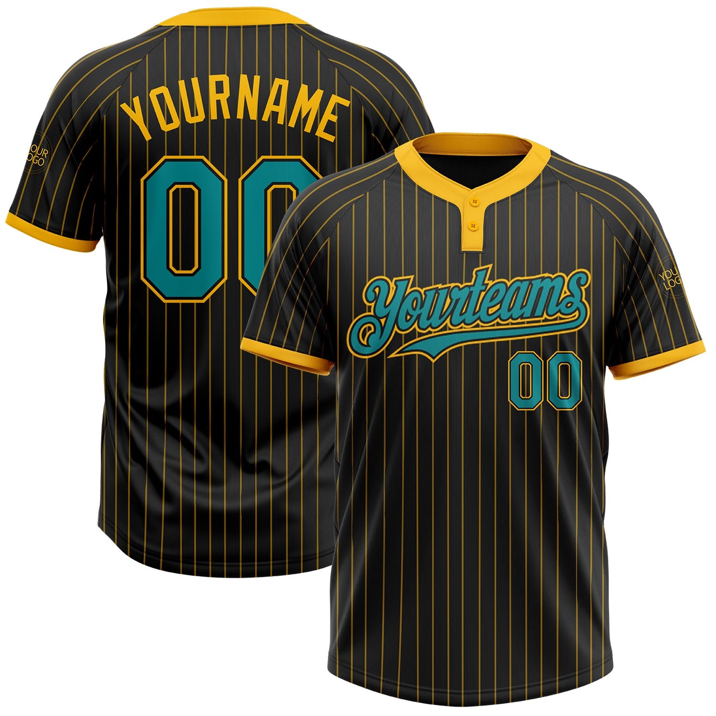 Custom Black Gold Pinstripe Teal Two-Button Unisex Softball Jersey - Main View