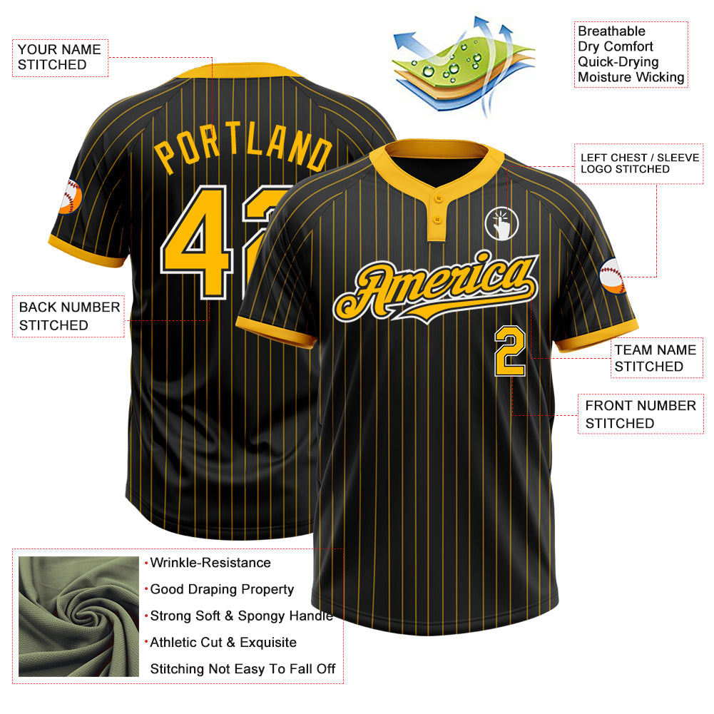 Custom Black Gold Pinstripe White Two-Button Unisex Softball Jersey view 3