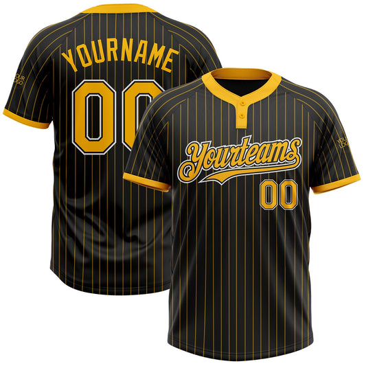 Custom Black Gold Pinstripe White Two-Button Unisex Softball Jersey - Main View