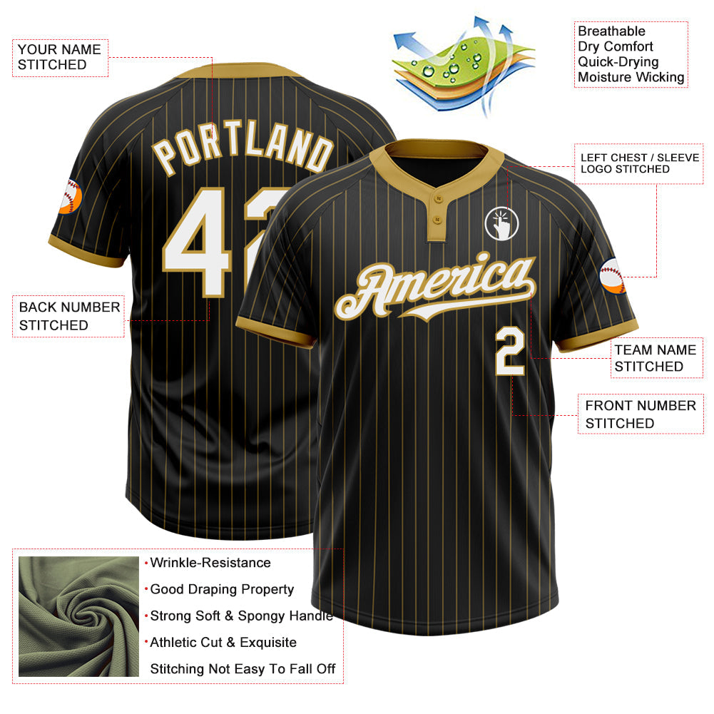 Custom Black Old Gold Pinstripe White Two-Button Unisex Softball Jersey view 3