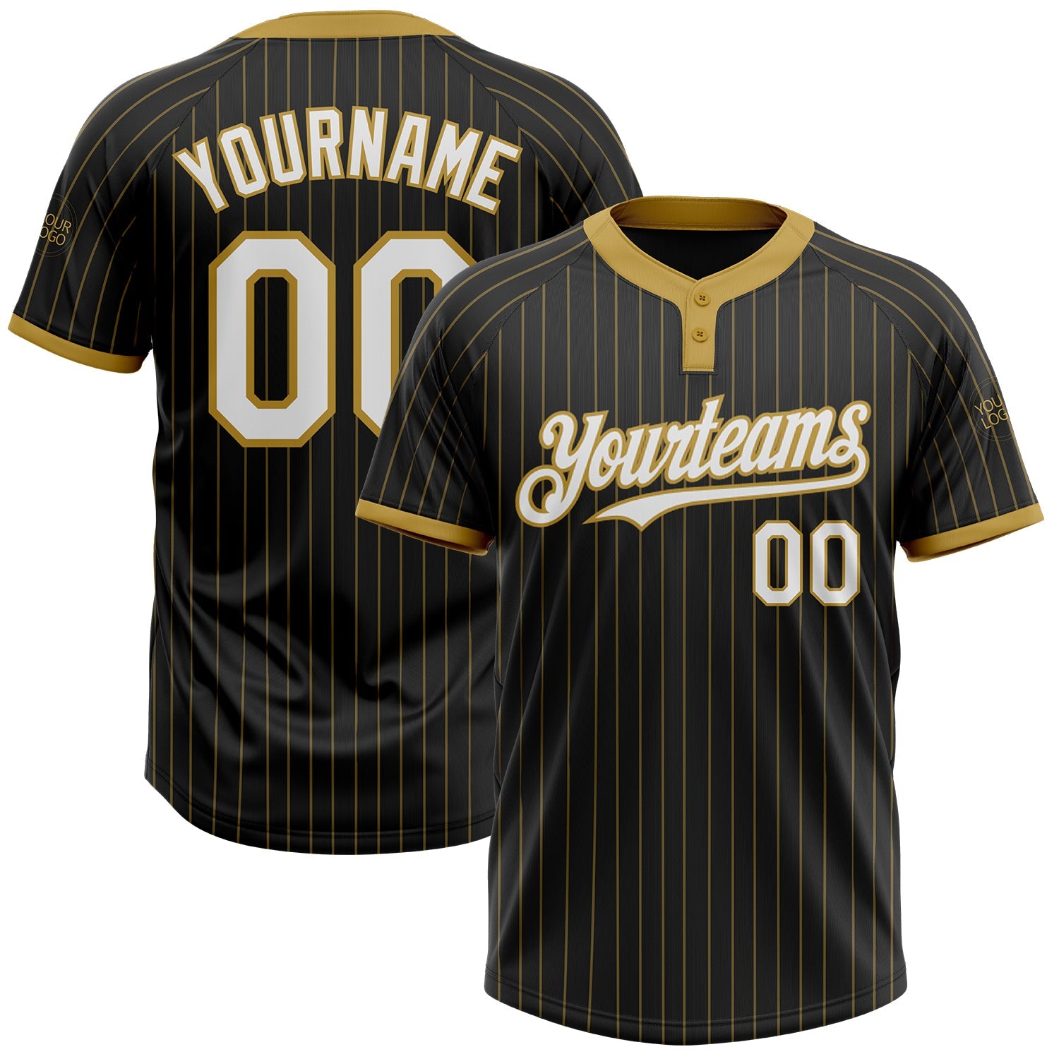 Custom Black Old Gold Pinstripe White Two-Button Unisex Softball Jersey - Main View