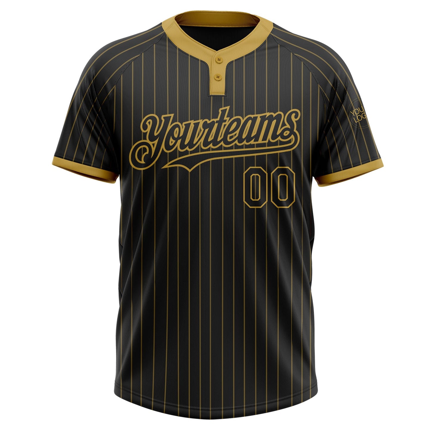 Custom Black Old Gold Pinstripe Old Gold Two-Button Unisex Softball Jersey view 2