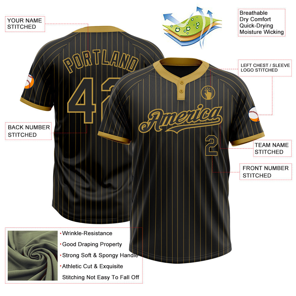 Custom Black Old Gold Pinstripe Old Gold Two-Button Unisex Softball Jersey view 3