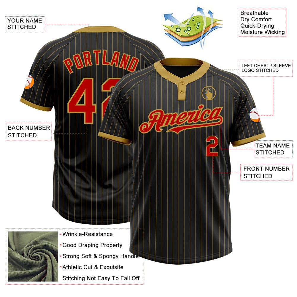 Custom Black Old Gold Pinstripe Red Two-Button Unisex Softball Jersey view 3
