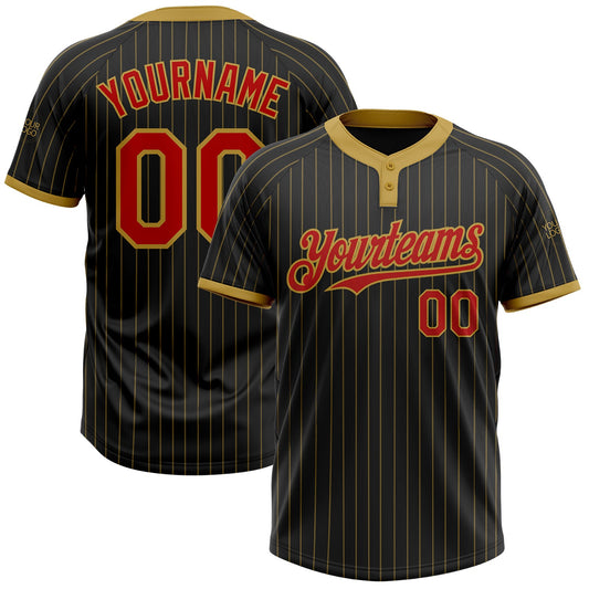 Custom Black Old Gold Pinstripe Red Two-Button Unisex Softball Jersey - Main View