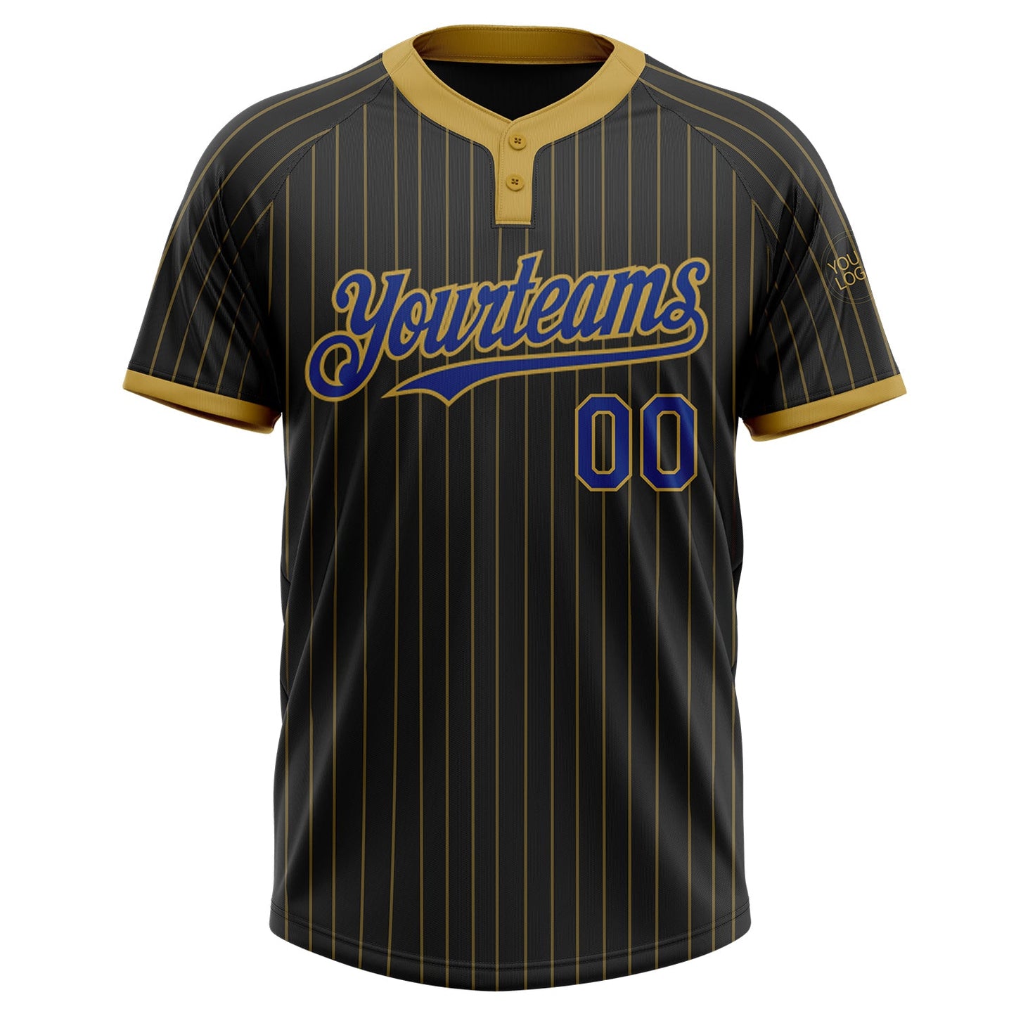 Custom Black Old Gold Pinstripe Royal Two-Button Unisex Softball Jersey view 2