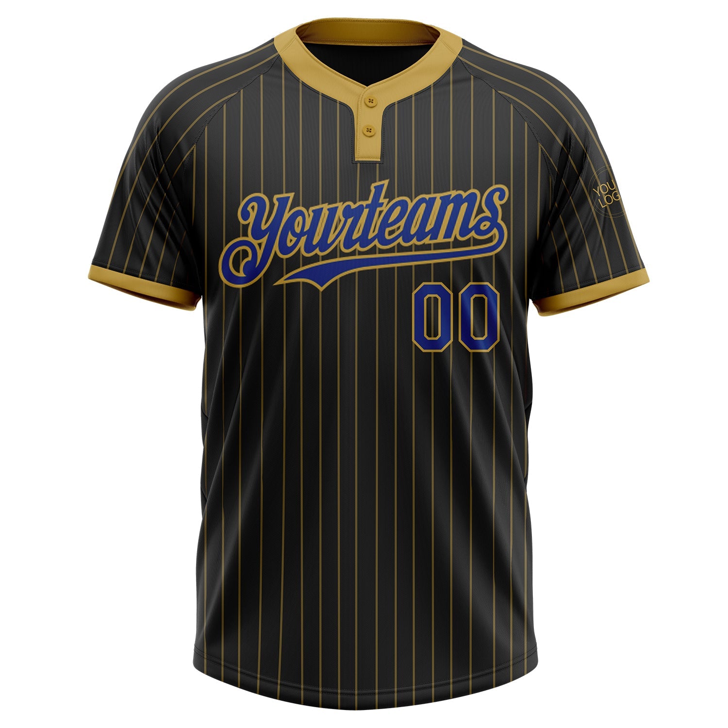 Custom Black Old Gold Pinstripe Royal Two-Button Unisex Softball Jersey view 2