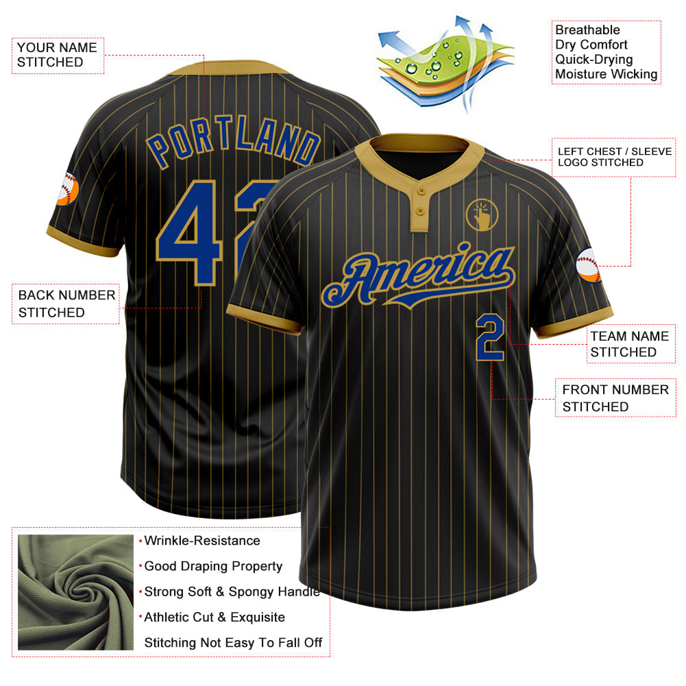 Custom Black Old Gold Pinstripe Royal Two-Button Unisex Softball Jersey view 3