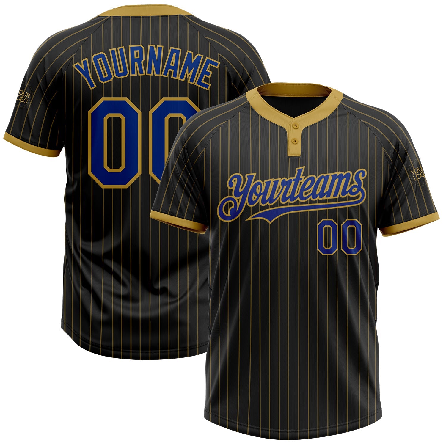Custom Black Old Gold Pinstripe Royal Two-Button Unisex Softball Jersey - Main View