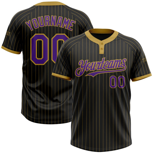 Custom Black Old Gold Pinstripe Purple Two-Button Unisex Softball Jersey - Main View