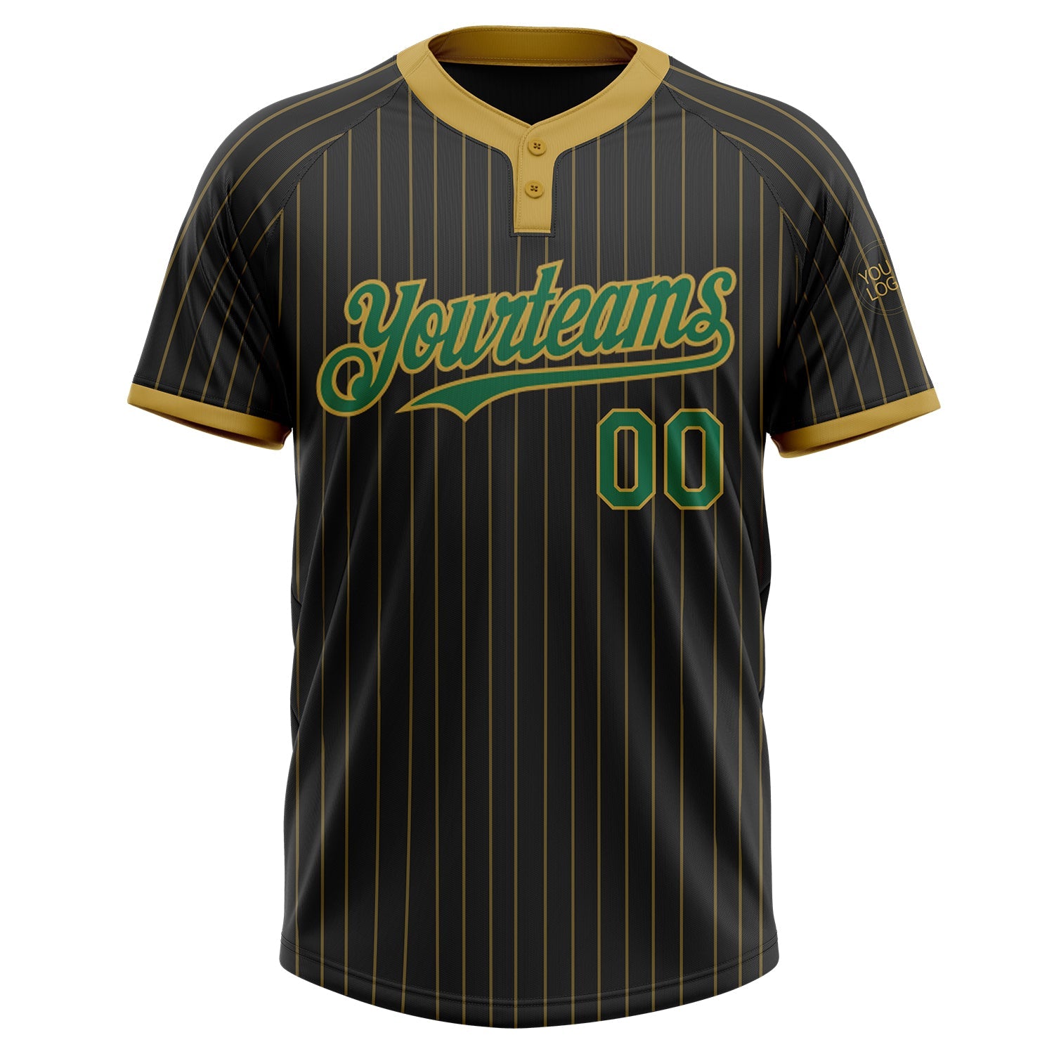 Custom Black Old Gold Pinstripe Kelly Green Two-Button Unisex Softball Jersey view 2