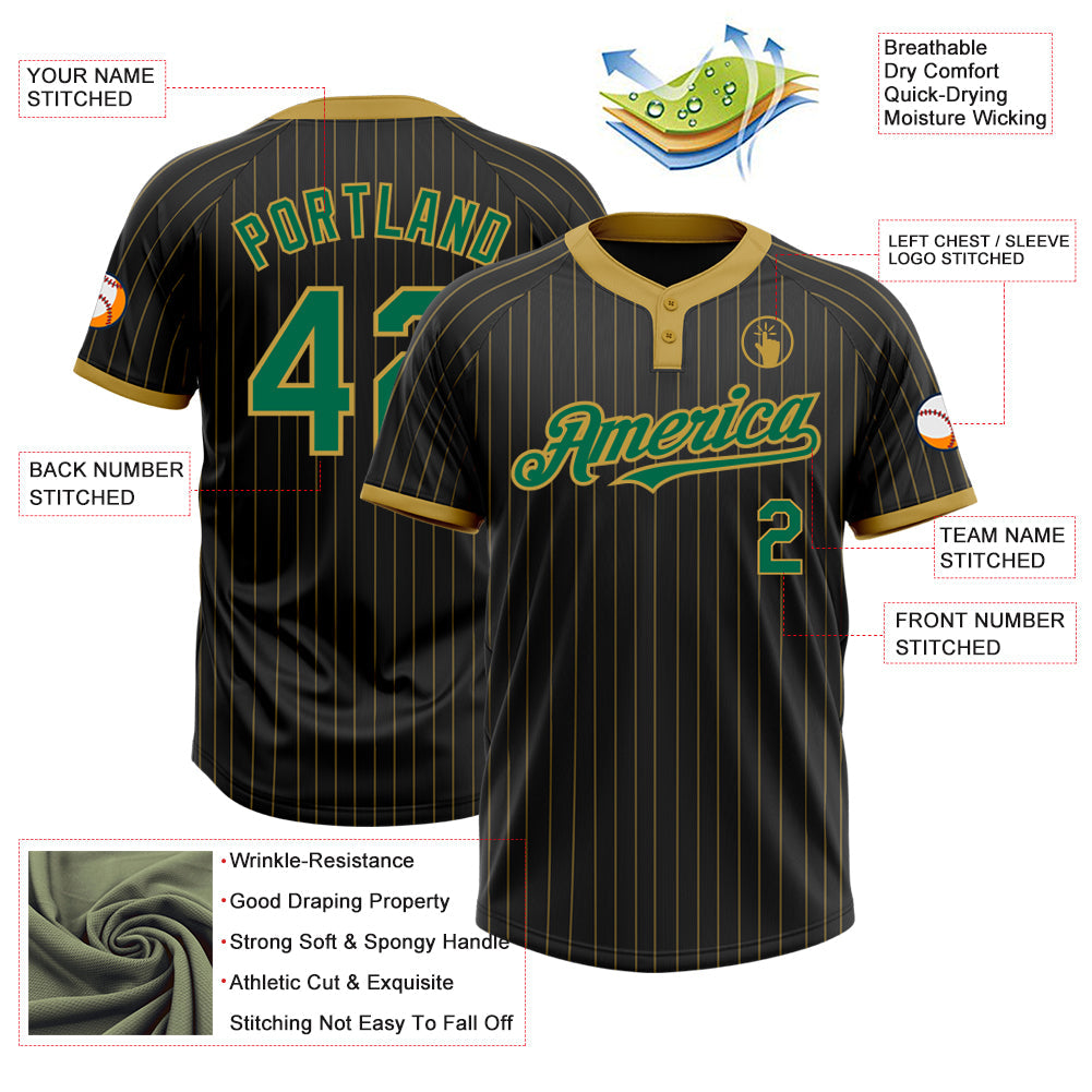 Custom Black Old Gold Pinstripe Kelly Green Two-Button Unisex Softball Jersey view 3