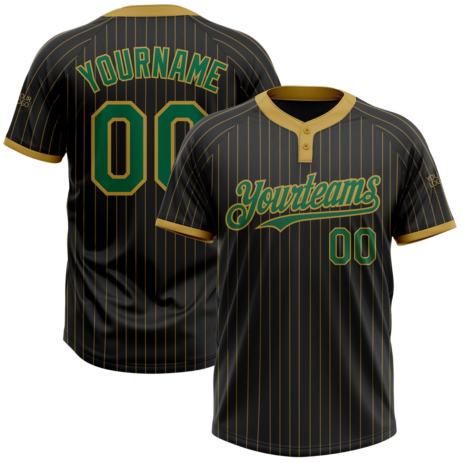 Custom Black Old Gold Pinstripe Kelly Green Two-Button Unisex Softball Jersey - Main View