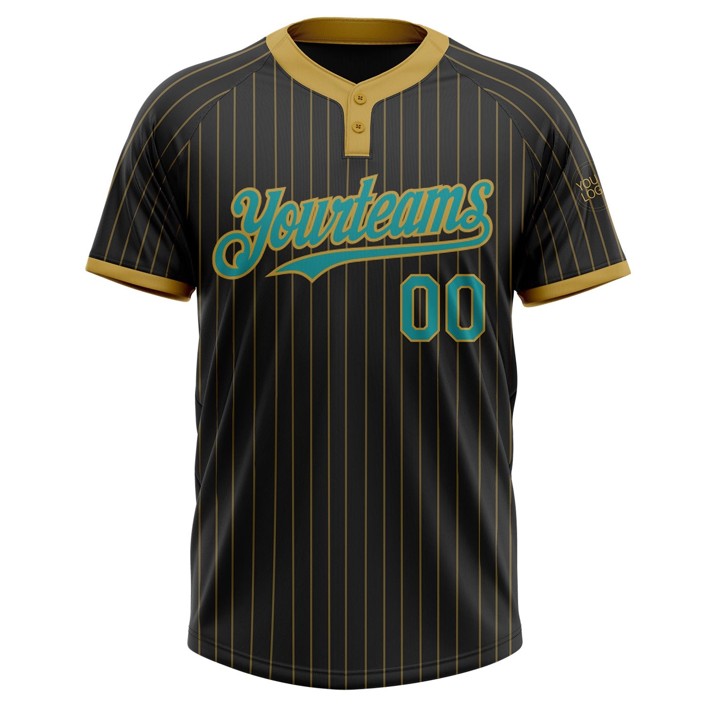 Custom Black Old Gold Pinstripe Teal Two-Button Unisex Softball Jersey view 2
