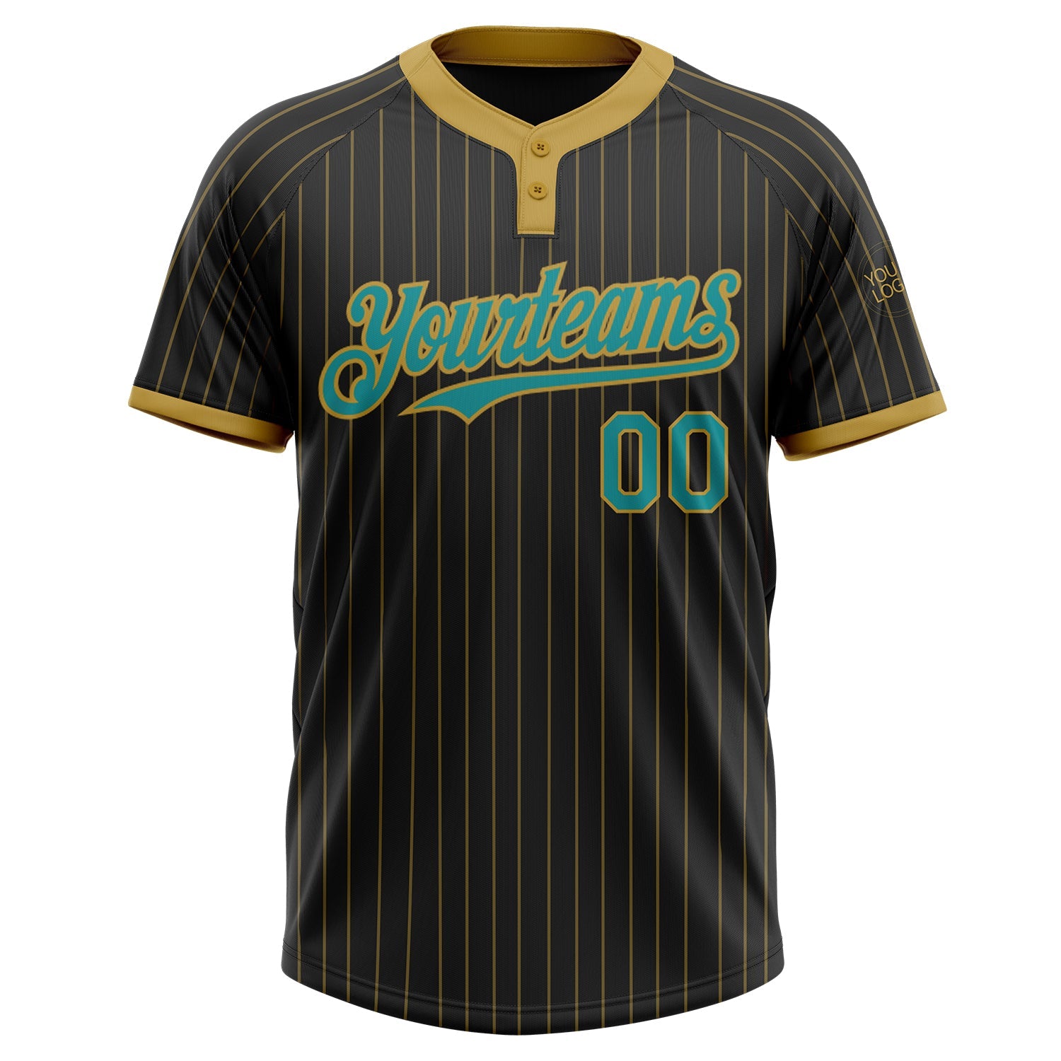Custom Black Old Gold Pinstripe Teal Two-Button Unisex Softball Jersey view 2