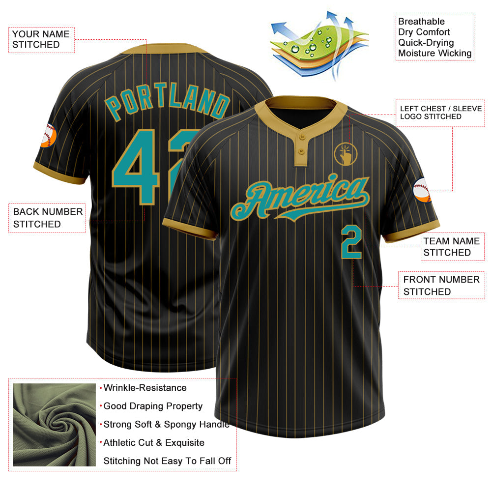 Custom Black Old Gold Pinstripe Teal Two-Button Unisex Softball Jersey view 3
