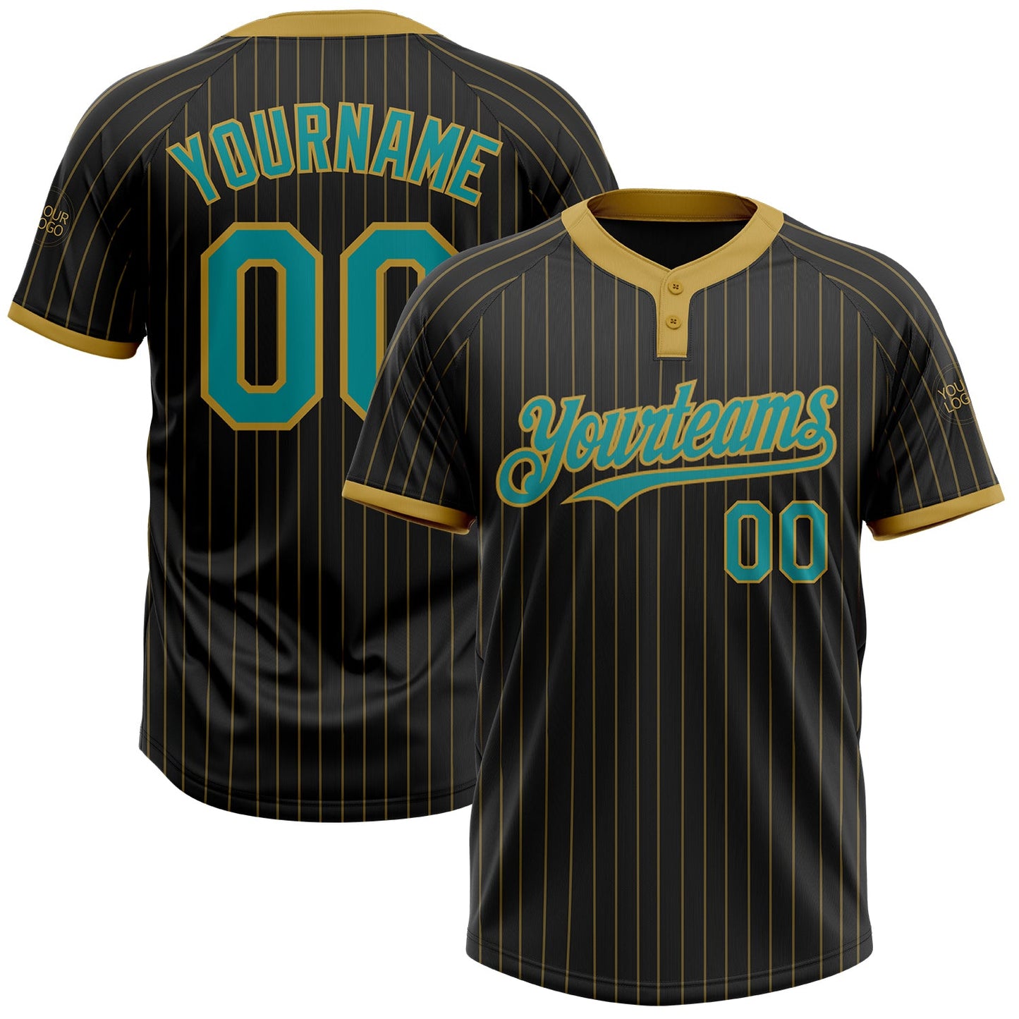 Custom Black Old Gold Pinstripe Teal Two-Button Unisex Softball Jersey - Main View