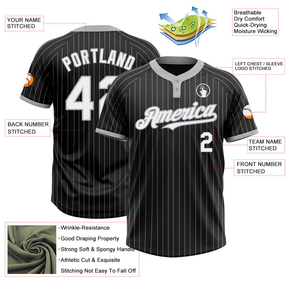 Custom Black Gray Pinstripe White Two-Button Unisex Softball Jersey view 3