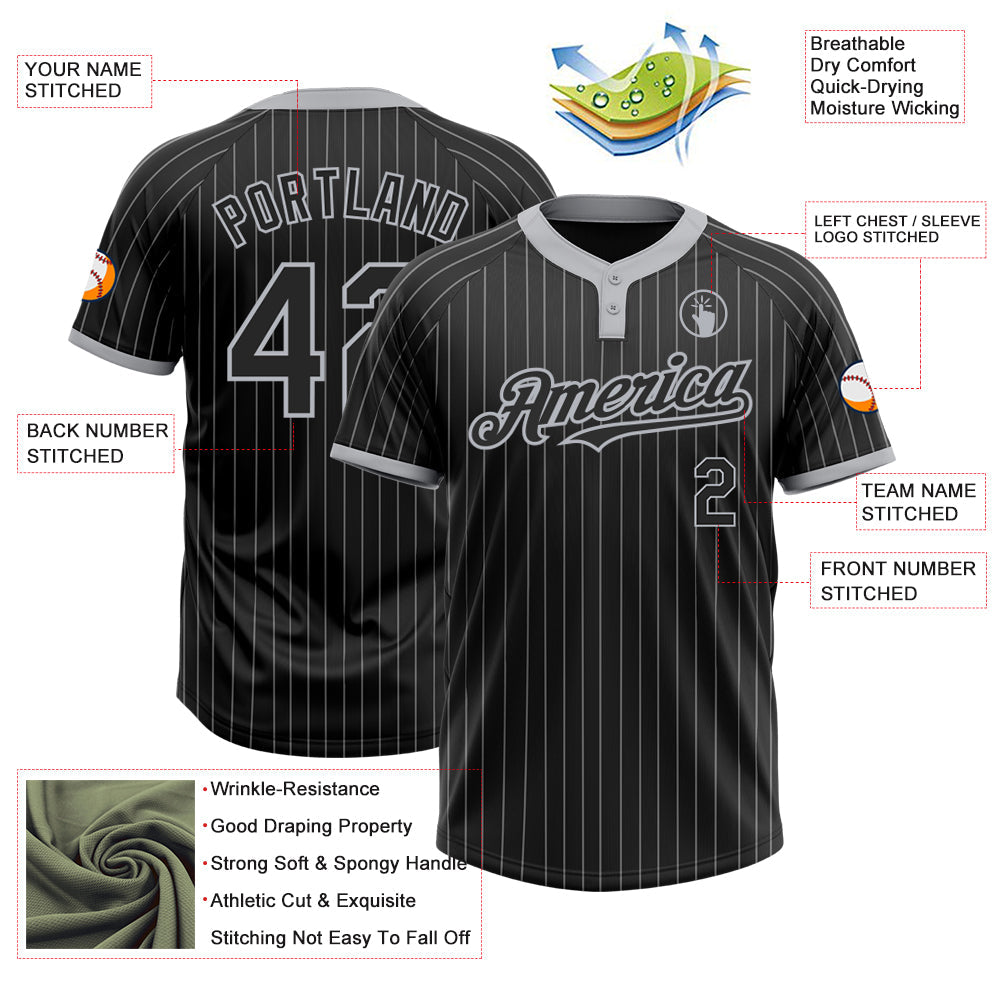 Custom Black Gray Pinstripe Gray Two-Button Unisex Softball Jersey view 3