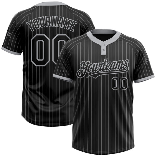 Custom Black Gray Pinstripe Gray Two-Button Unisex Softball Jersey - Main View