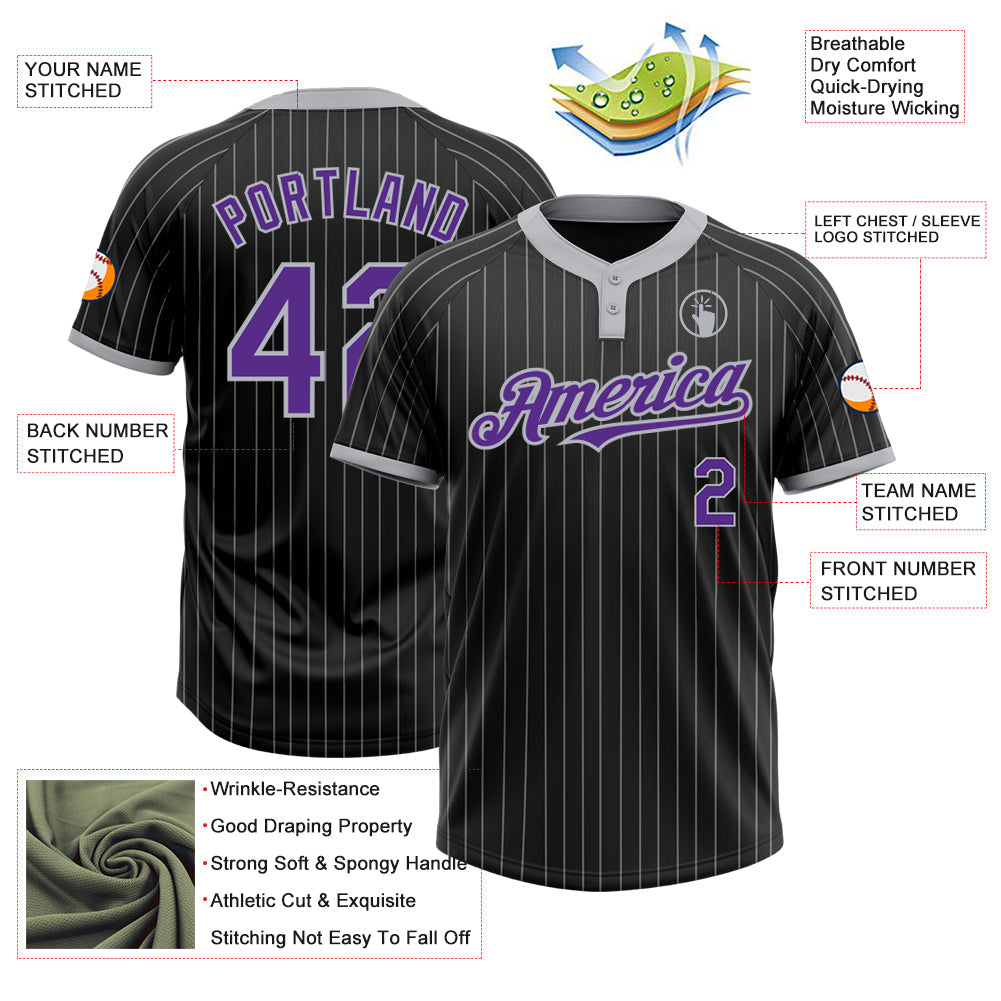 Custom Black Gray Pinstripe Purple Two-Button Unisex Softball Jersey view 3