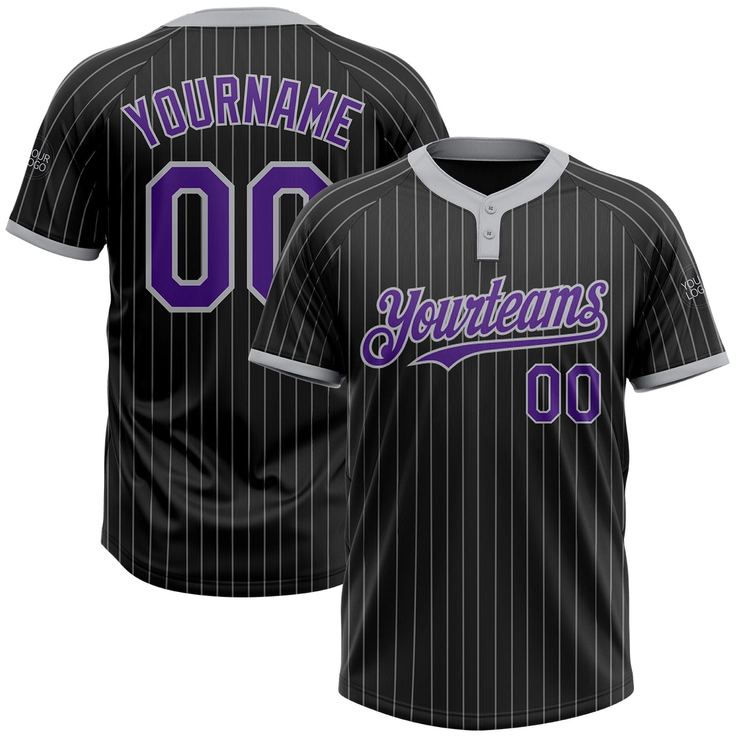 Custom Black Gray Pinstripe Purple Two-Button Unisex Softball Jersey - Main View