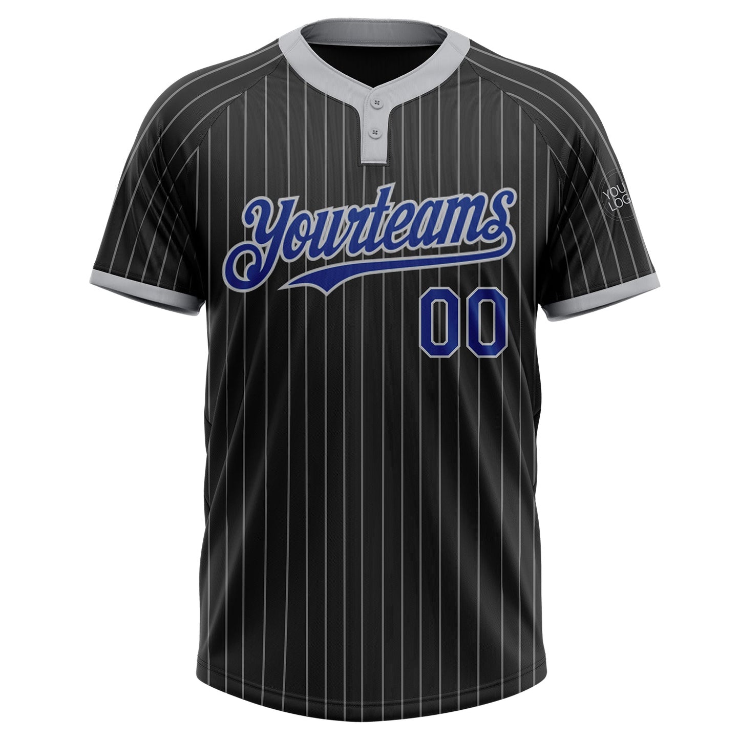 Custom Black Gray Pinstripe Royal Two-Button Unisex Softball Jersey view 2