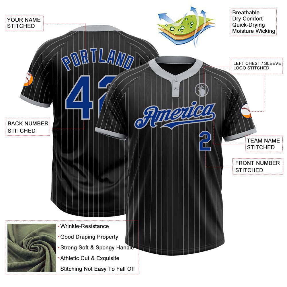 Custom Black Gray Pinstripe Royal Two-Button Unisex Softball Jersey view 3