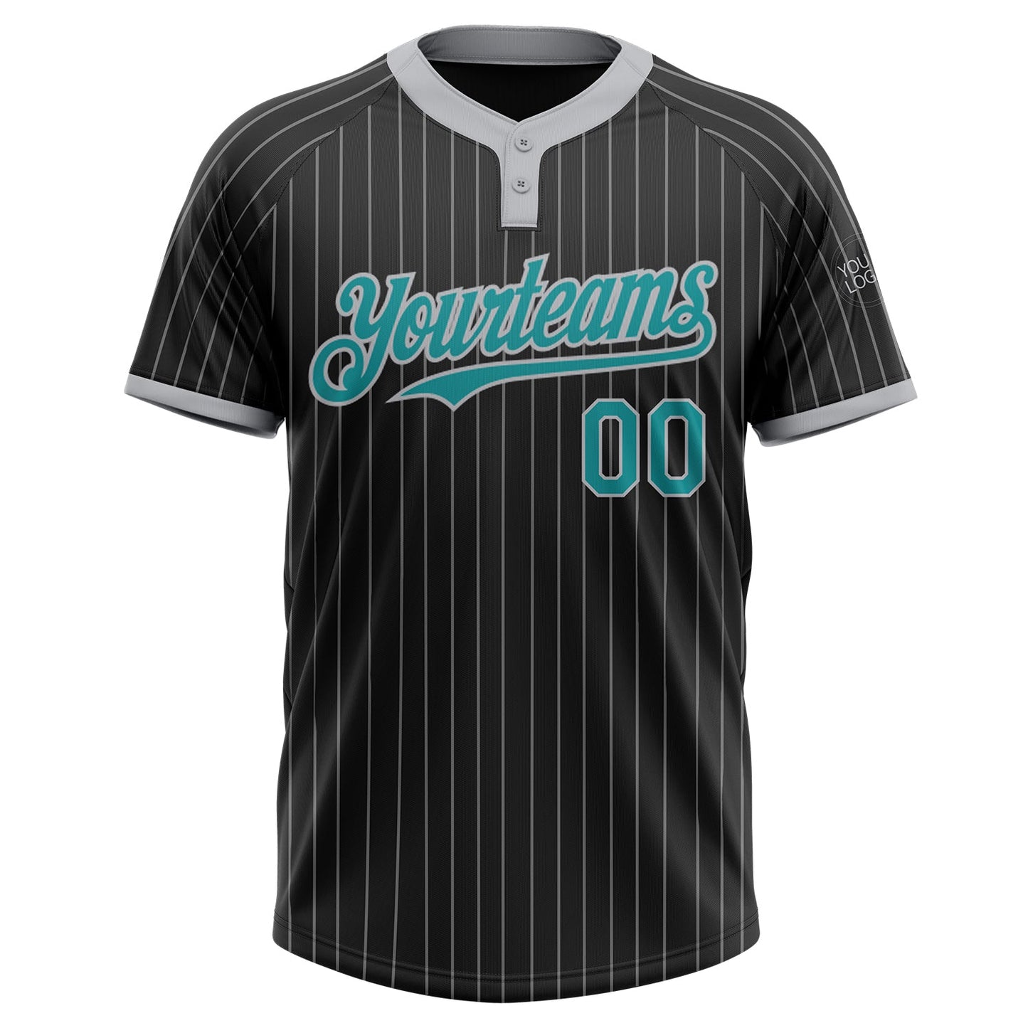 Custom Black Gray Pinstripe Teal Two-Button Unisex Softball Jersey view 2