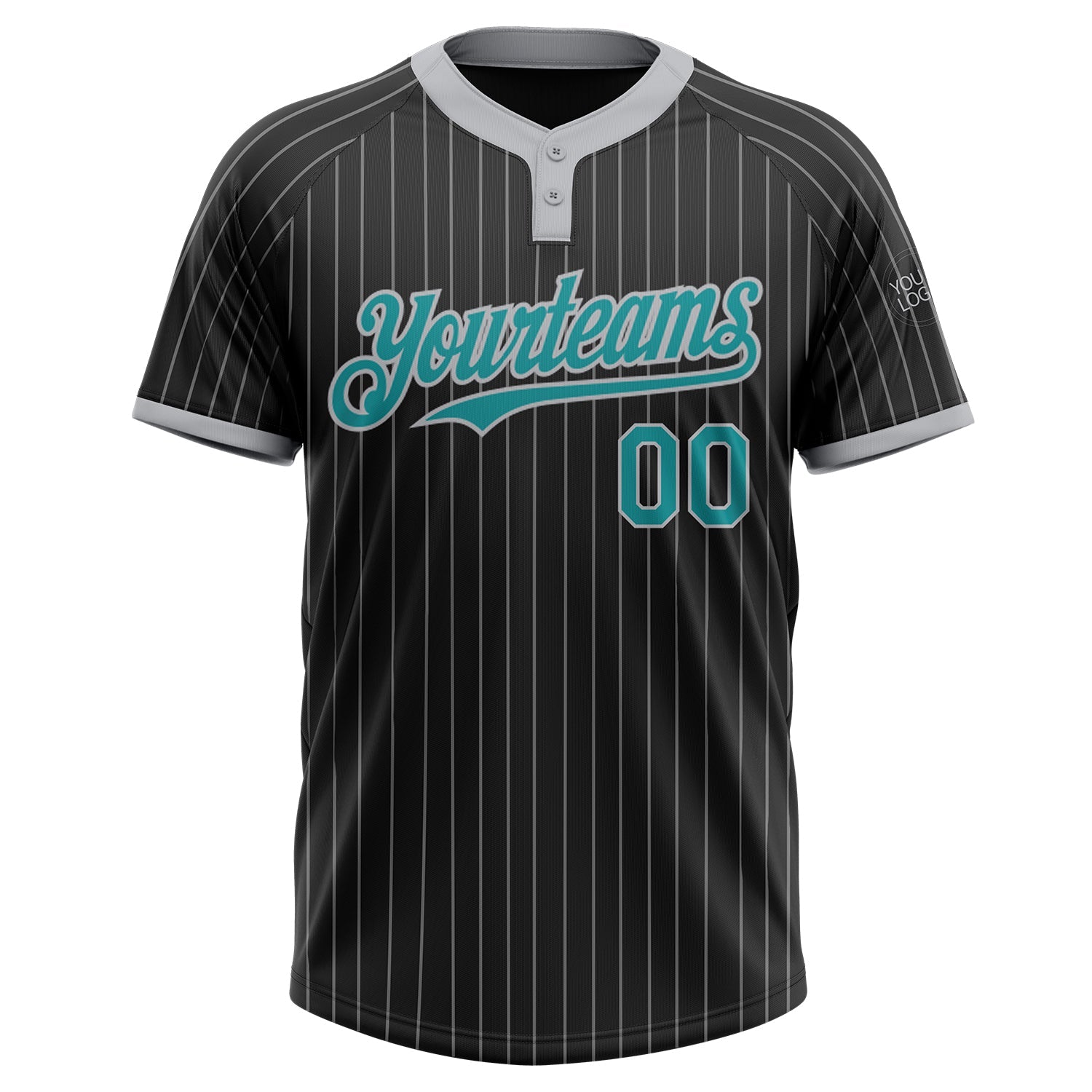 Custom Black Gray Pinstripe Teal Two-Button Unisex Softball Jersey view 2