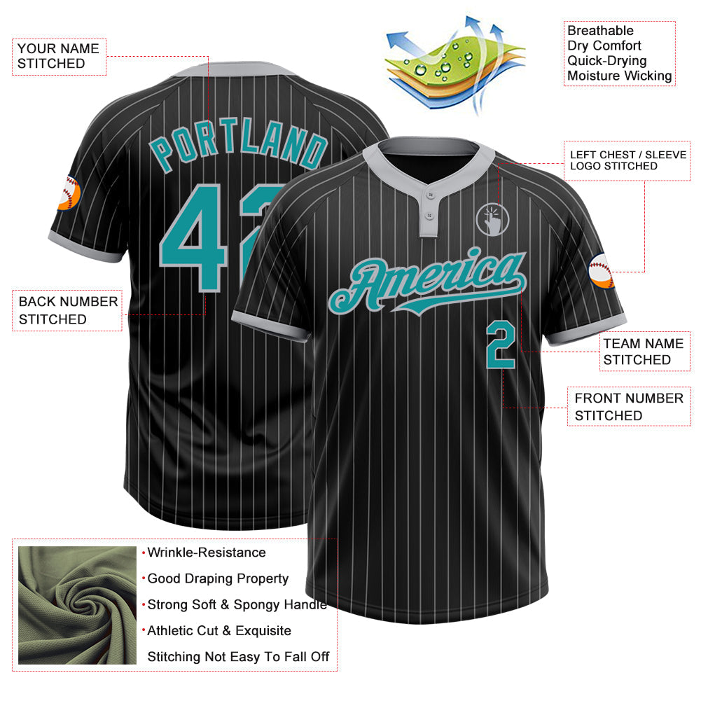 Custom Black Gray Pinstripe Teal Two-Button Unisex Softball Jersey view 3