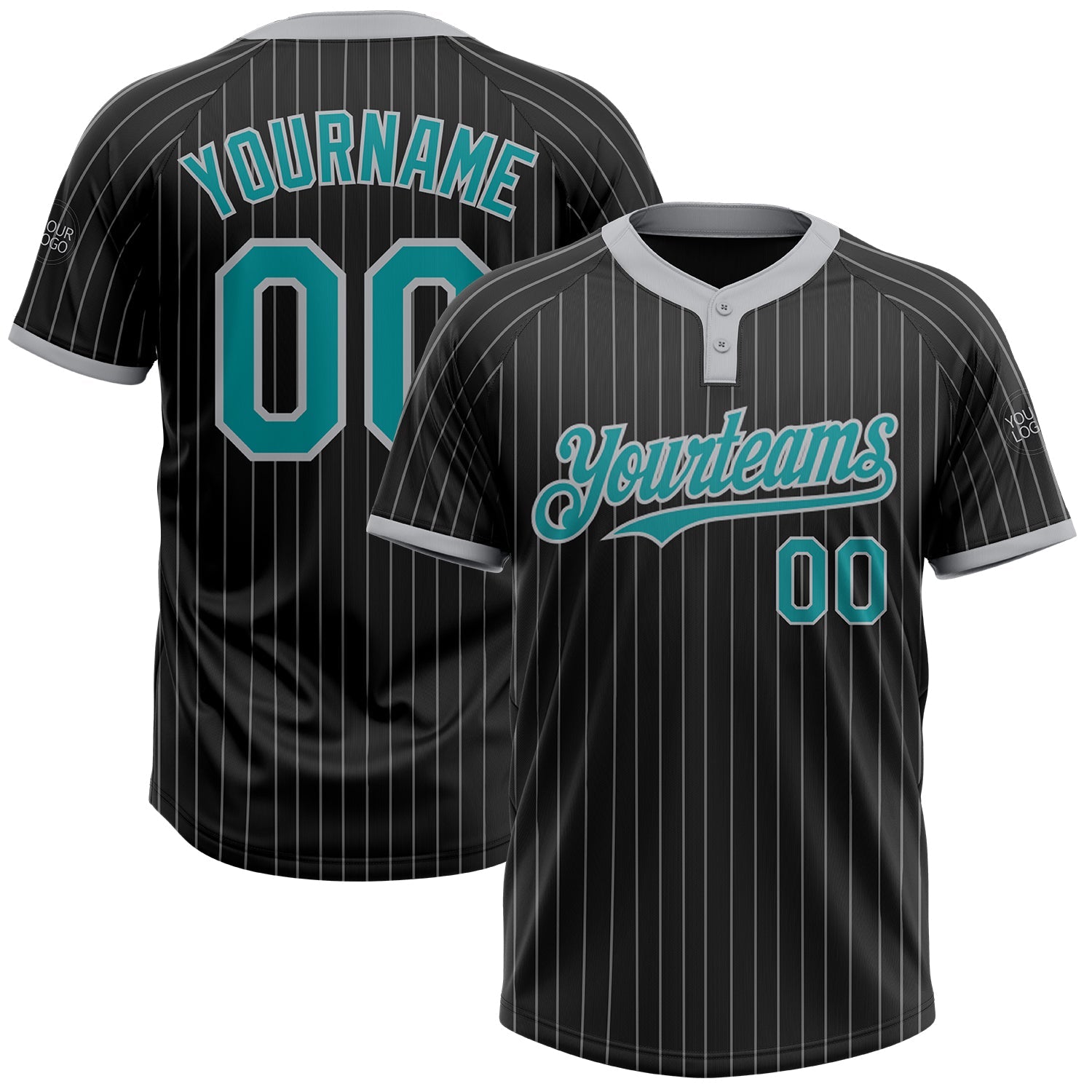 Custom Black Gray Pinstripe Teal Two-Button Unisex Softball Jersey - Main View