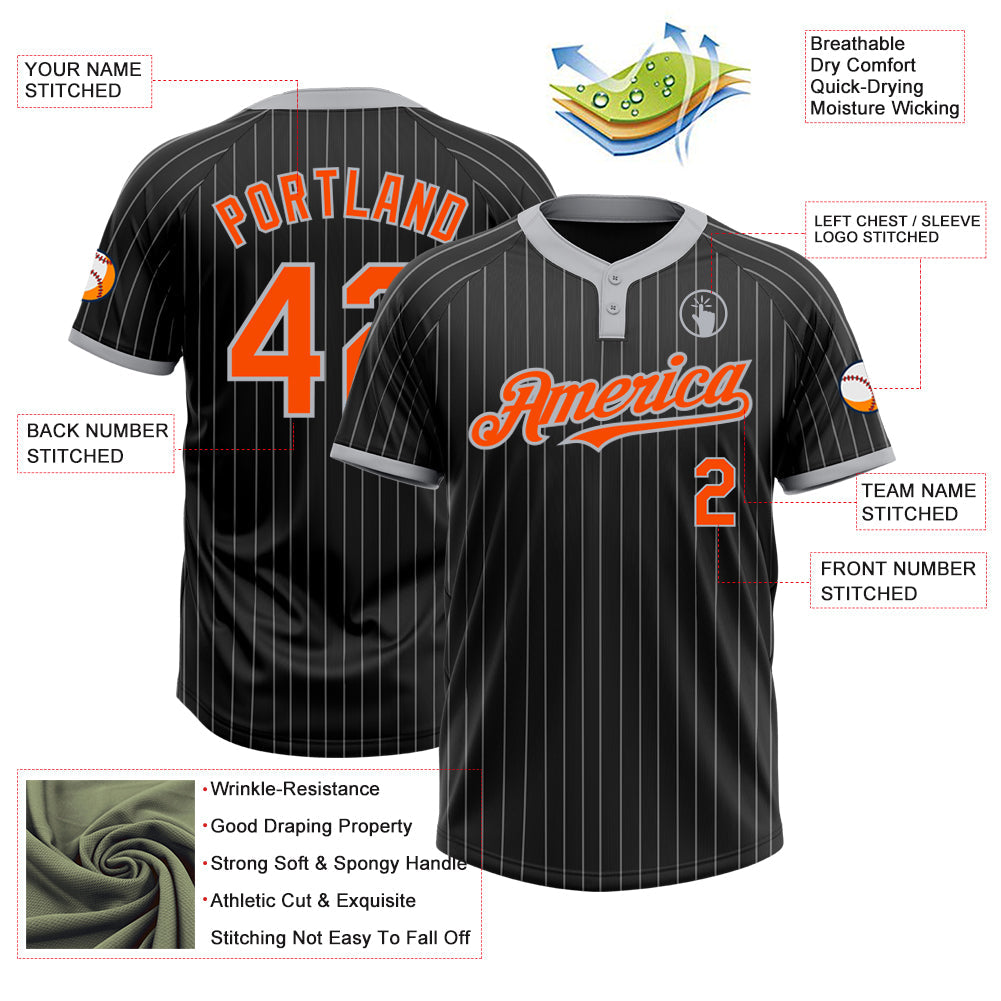 Custom Black Gray Pinstripe Orange Two-Button Unisex Softball Jersey view 3