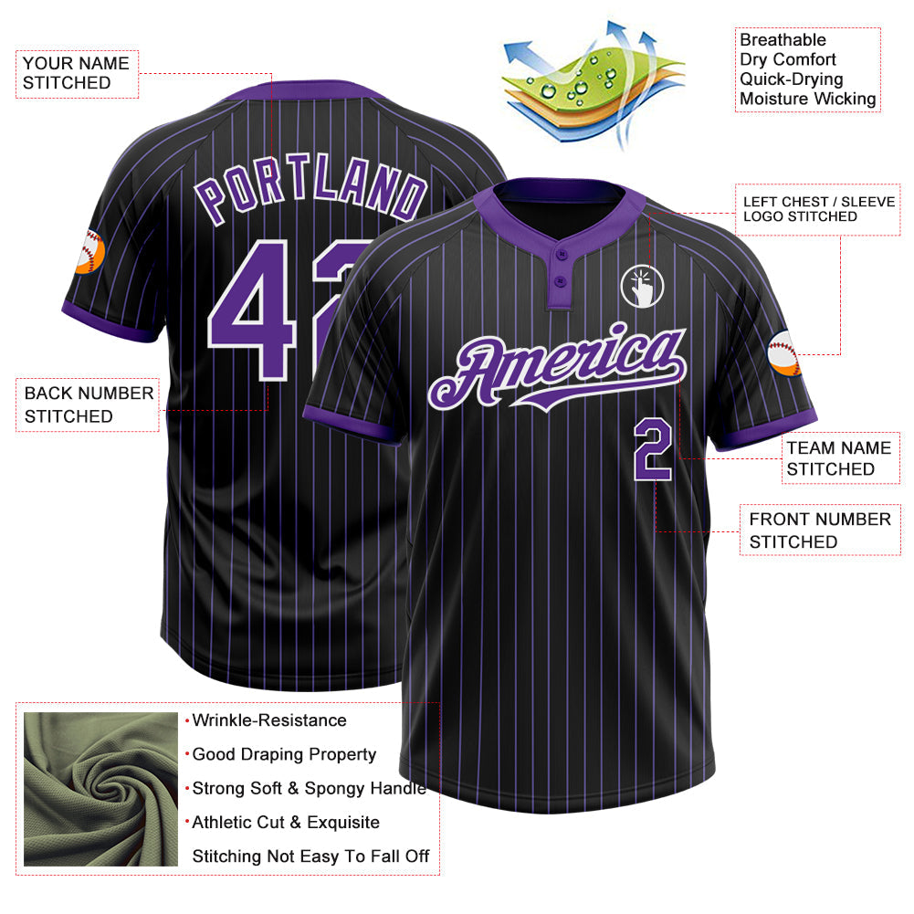 Custom Black Purple Pinstripe White Two-Button Unisex Softball Jersey view 3