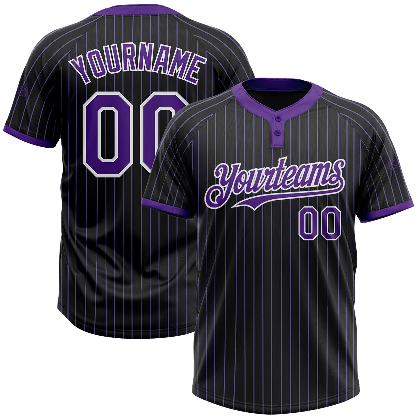 Custom Black Purple Pinstripe White Two-Button Unisex Softball Jersey - Main View