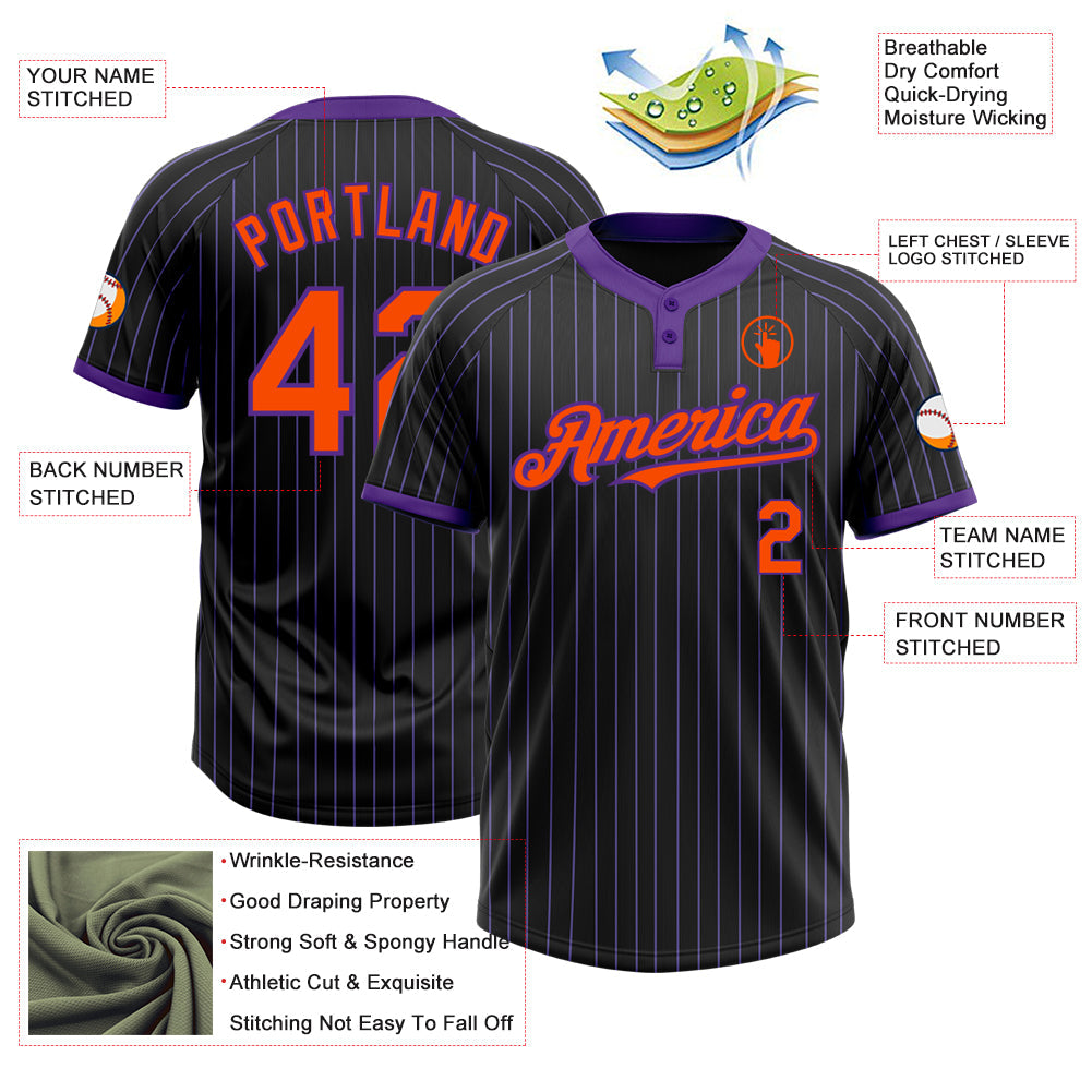 Custom Black Purple Pinstripe Orange Two-Button Unisex Softball Jersey view 3