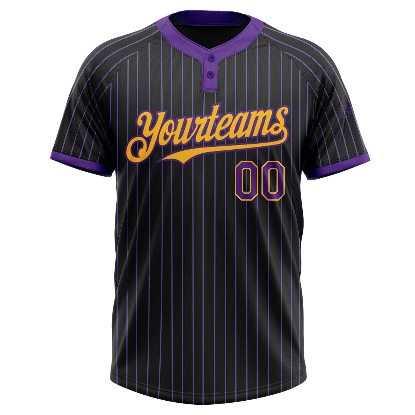 Custom Black Purple Pinstripe Gold Two-Button Unisex Softball Jersey view 2