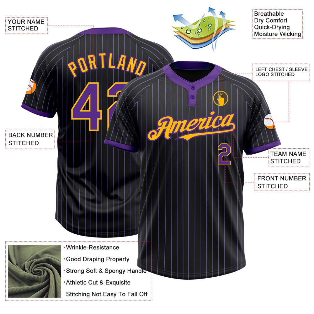 Custom Black Purple Pinstripe Gold Two-Button Unisex Softball Jersey view 3