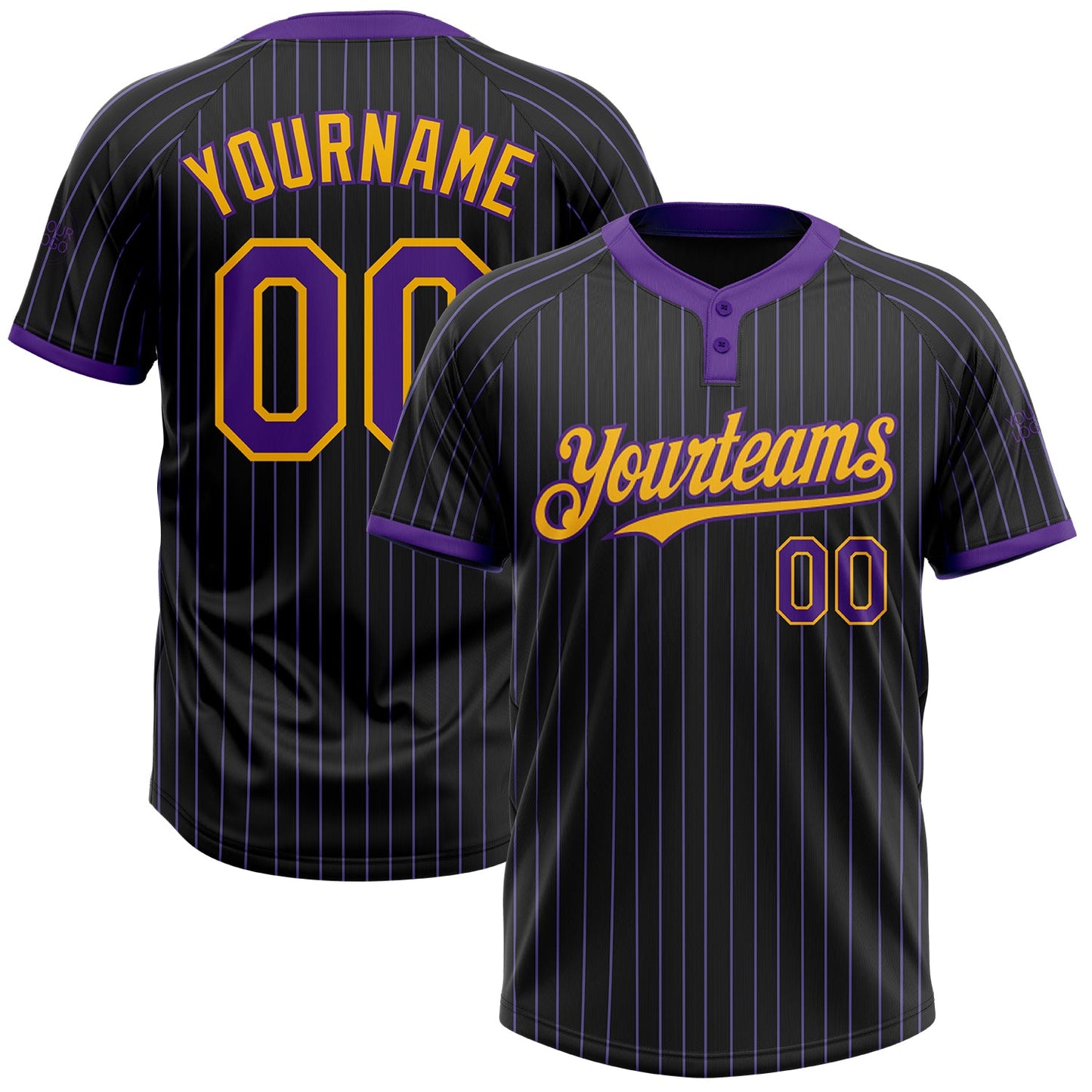 Custom Black Purple Pinstripe Gold Two-Button Unisex Softball Jersey - Main View