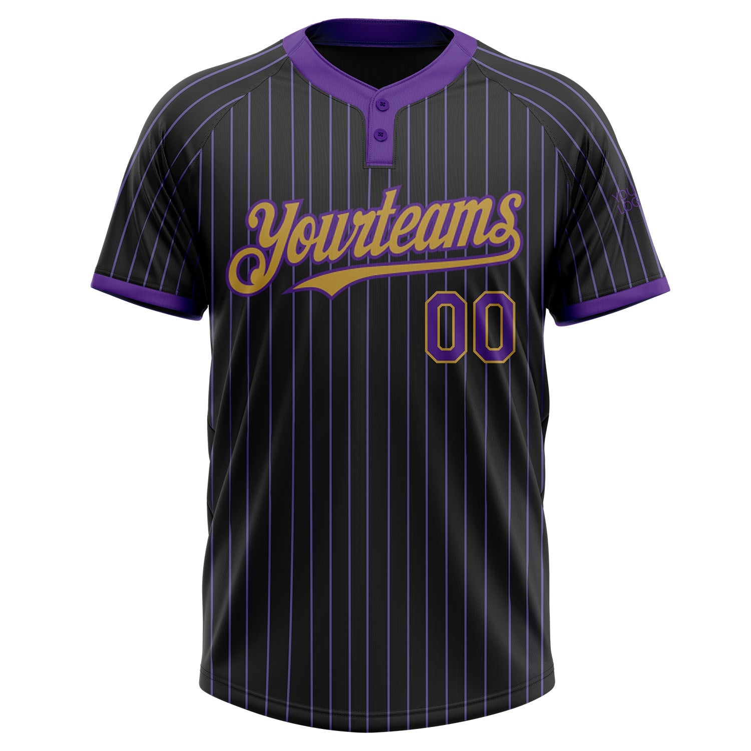 Custom Black Purple Pinstripe Old Gold Two-Button Unisex Softball Jersey view 2
