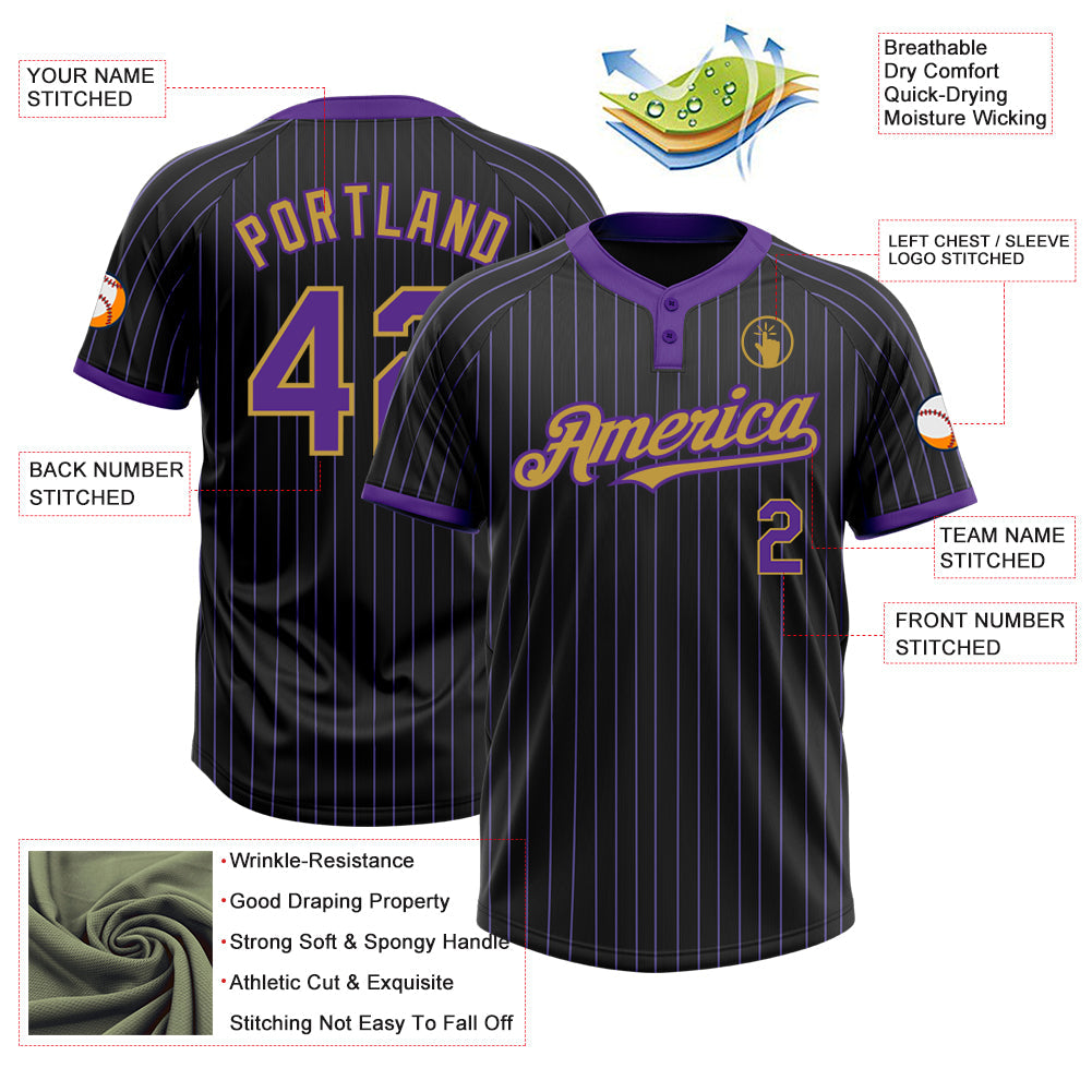 Custom Black Purple Pinstripe Old Gold Two-Button Unisex Softball Jersey view 3