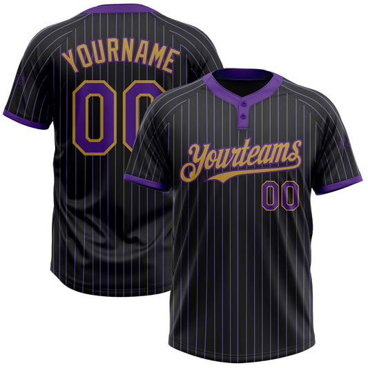 Custom Black Purple Pinstripe Old Gold Two-Button Unisex Softball Jersey - Main View