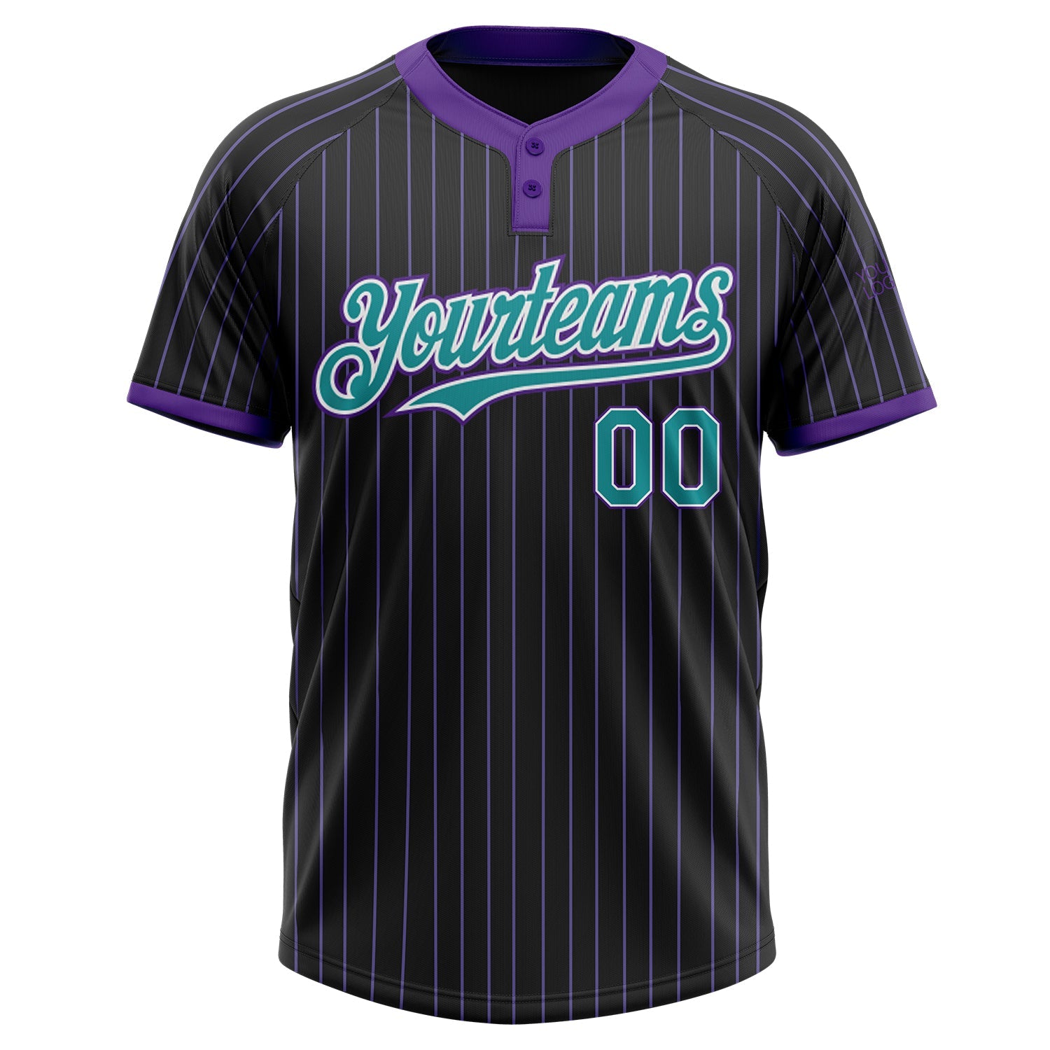 Custom Black Purple Pinstripe Teal-White Two-Button Unisex Softball Jersey view 2