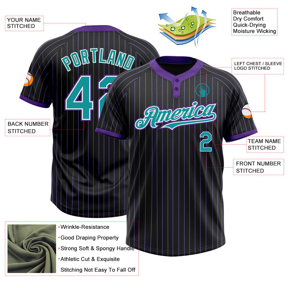 Custom Black Purple Pinstripe Teal-White Two-Button Unisex Softball Jersey view 3