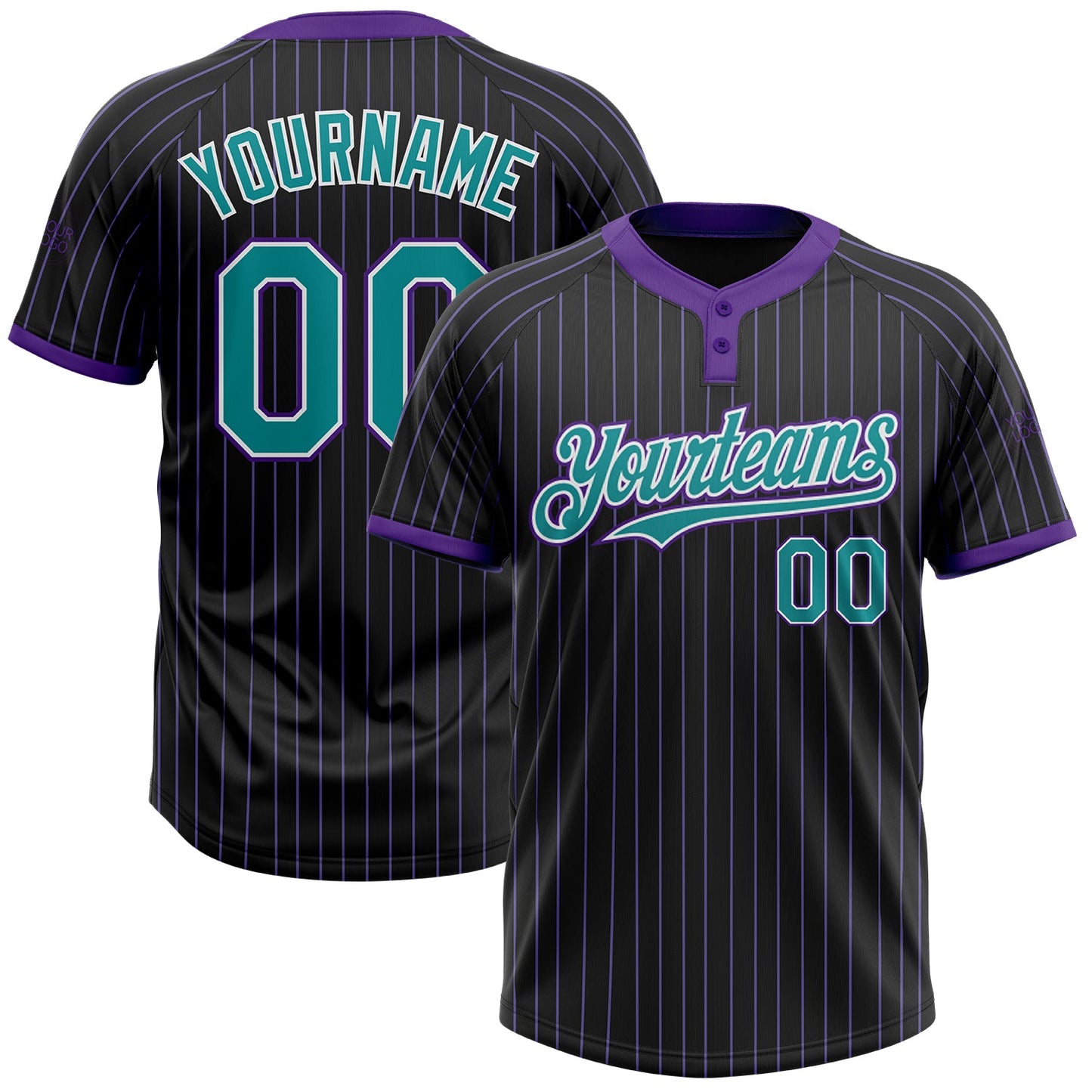 Custom Black Purple Pinstripe Teal-White Two-Button Unisex Softball Jersey - Main View