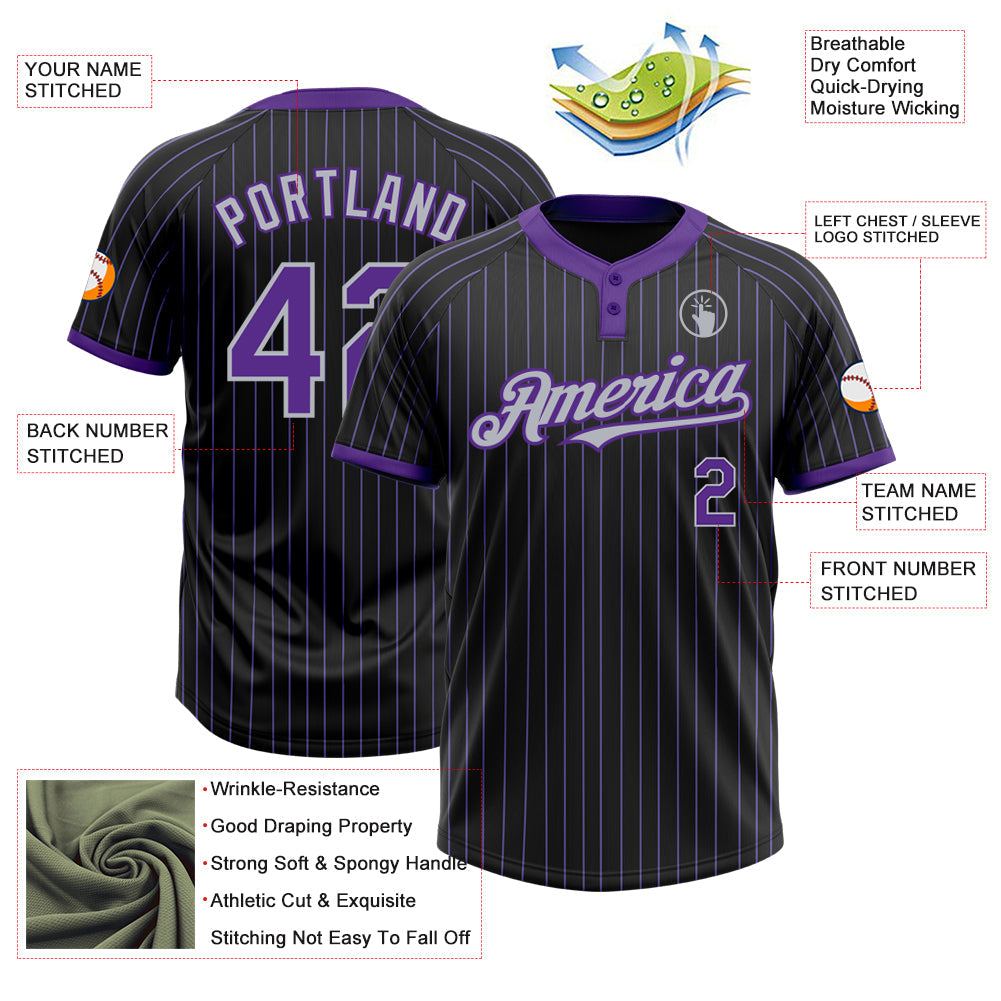 Custom Black Purple Pinstripe Gray Two-Button Unisex Softball Jersey view 3