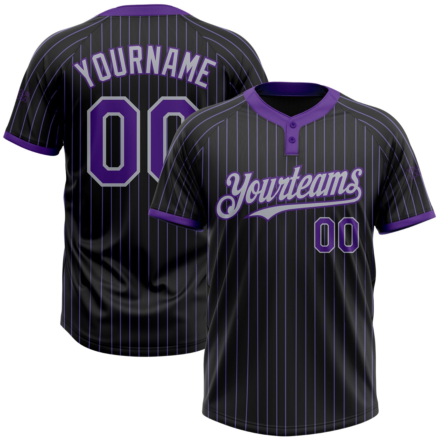 Custom Black Purple Pinstripe Gray Two-Button Unisex Softball Jersey - Main View
