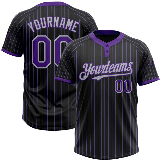 Custom Black Purple Pinstripe Gray Two-Button Unisex Softball Jersey - Main View