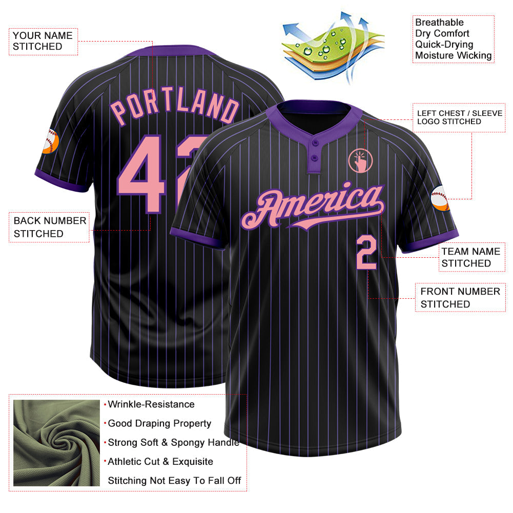 Custom Black Purple Pinstripe Medium Pink Two-Button Unisex Softball Jersey view 3